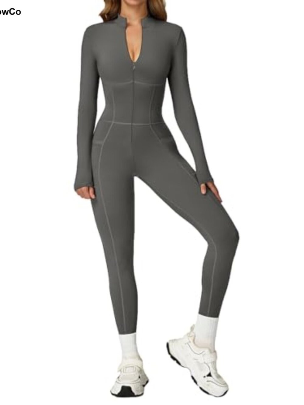 Women's Long Sleeve Zip-Up Jumpsuit Unitard with Pockets